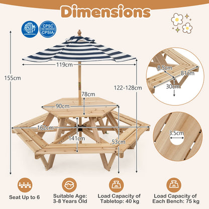 Children Activity Table with Chairs and Umbrella for Backyard or Patio Use-Natural
