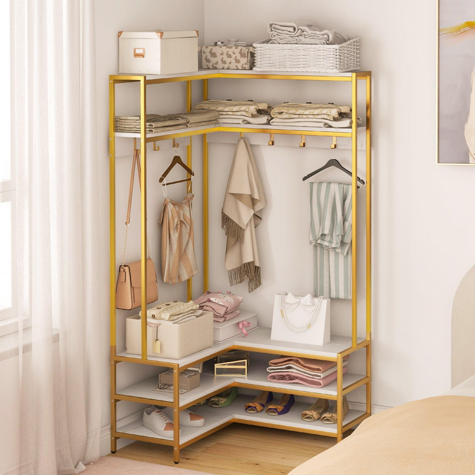 L-shaped Clothes Corner Garment Rack with Open Shelves and 7 Hooks-White
