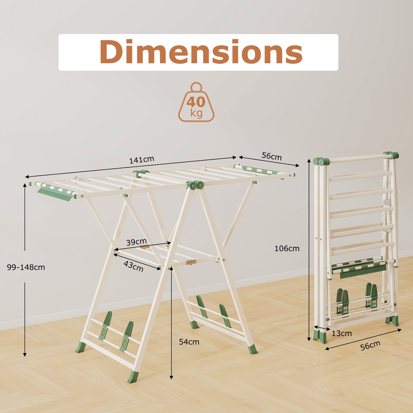 Clothes Drying Rack Foldable Laundry Drying Rack with 16 Drying Rails-Beige