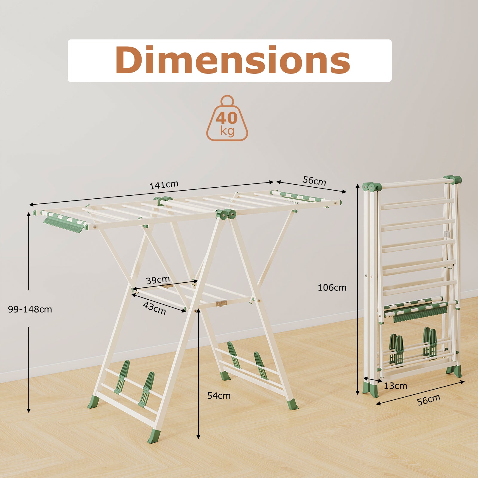 Clothes Drying Rack Foldable Laundry Drying Rack with 16 Drying Rails-Beige