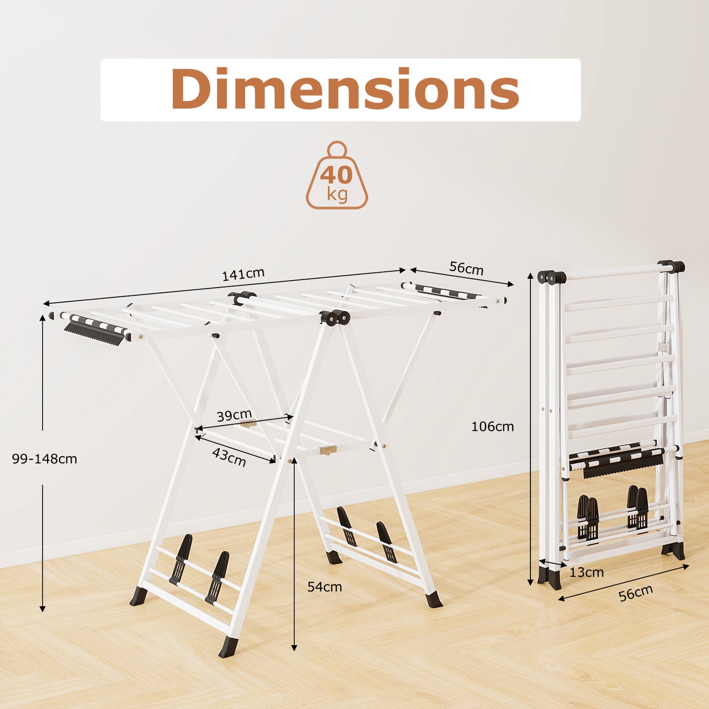 Clothes Drying Rack Foldable Laundry Drying Rack with 16 Drying Rails-White