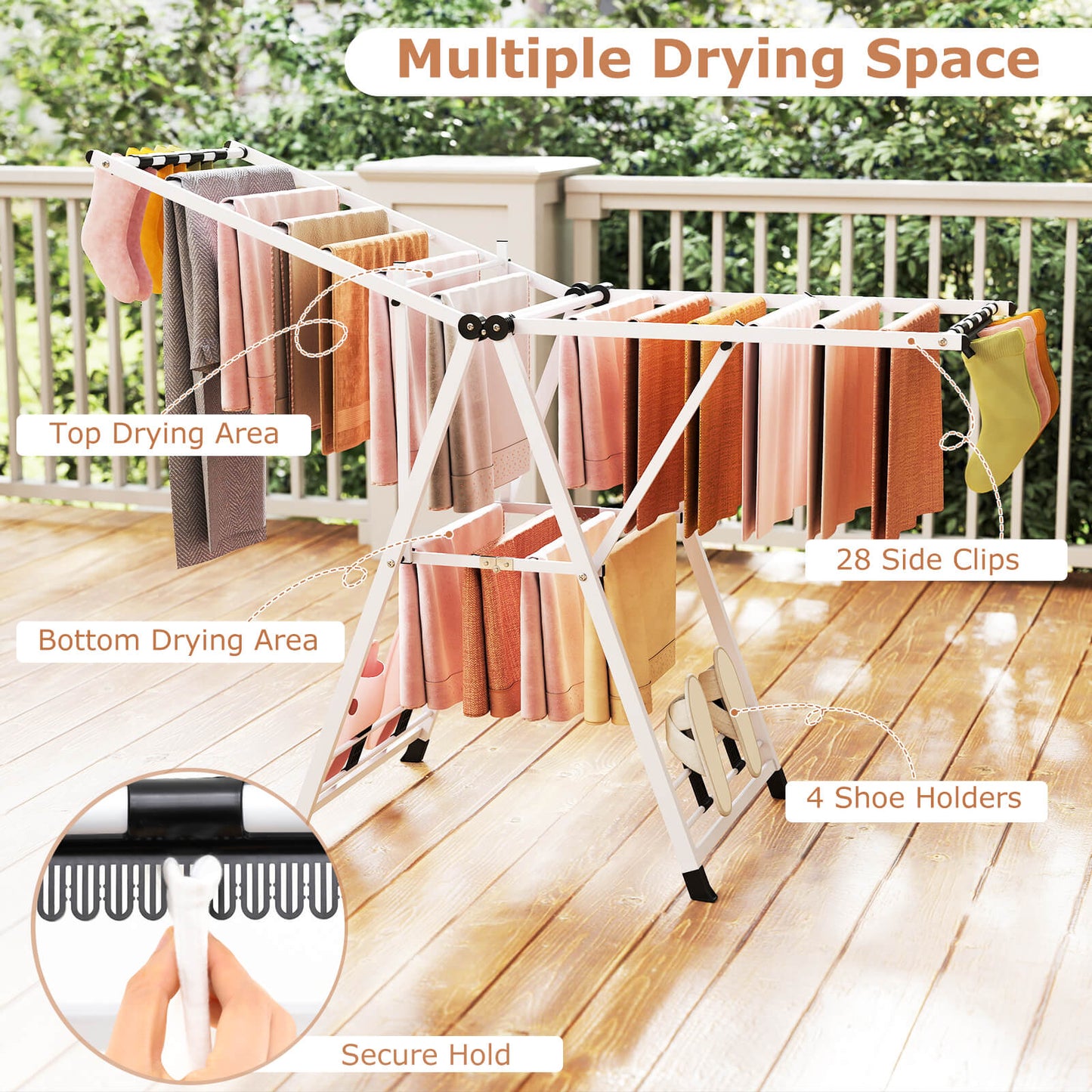 Clothes Drying Rack Foldable Laundry Drying Rack with 18 Drying Rails-White