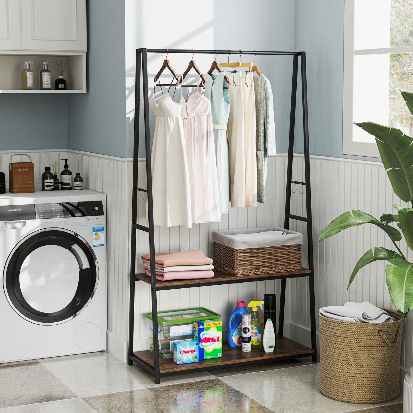 Clothes Rack with 2 Shelves for Laundry Room Bed Room-Brown
