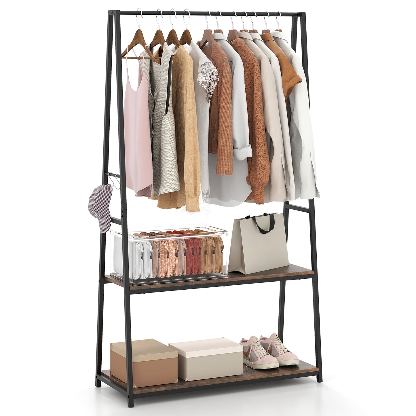 Clothes Rack with 2 Shelves for Laundry Room Bed Room-Brown