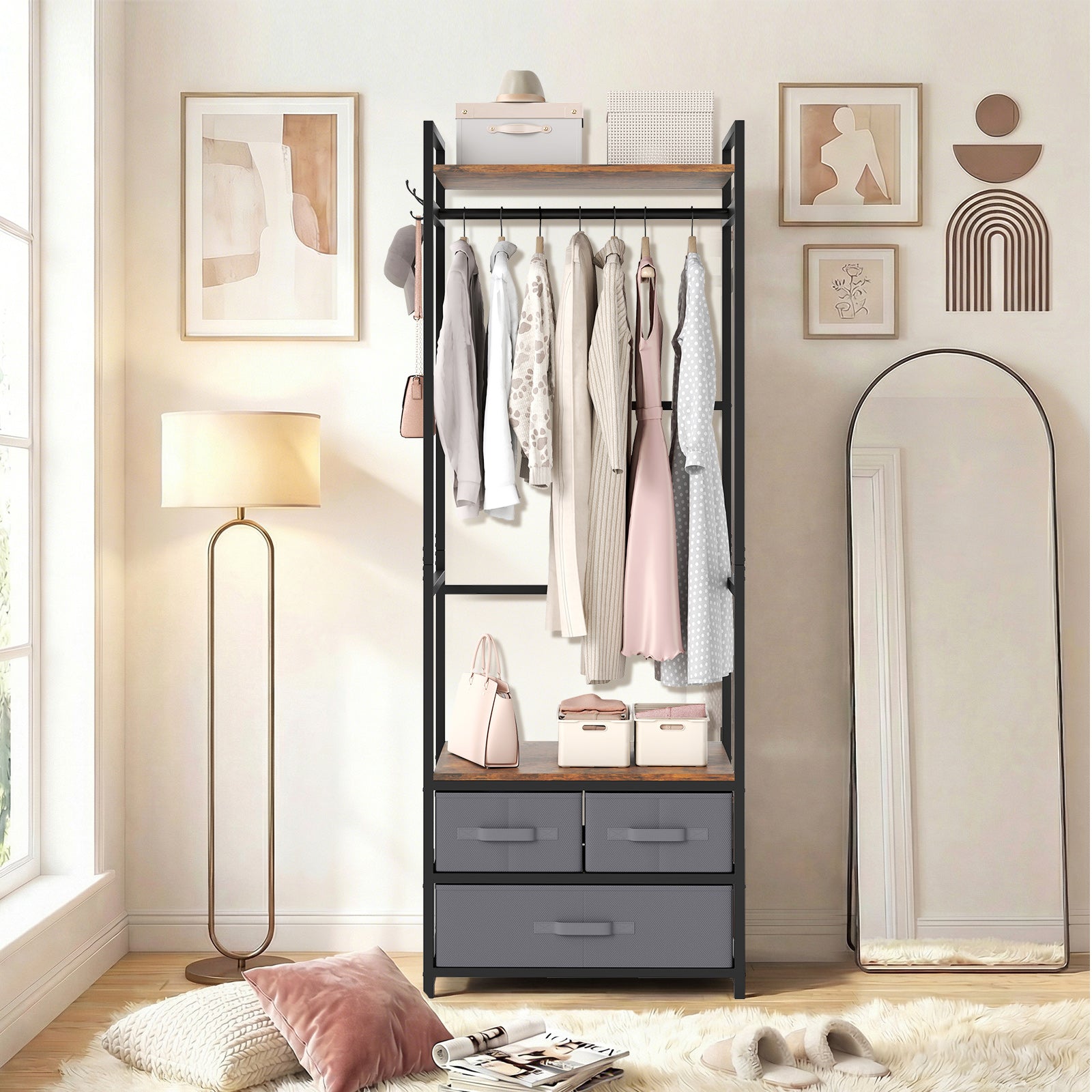 Clothes Rack with Drawers and Shelves for Entryway and Bedroom-Rustic Brown