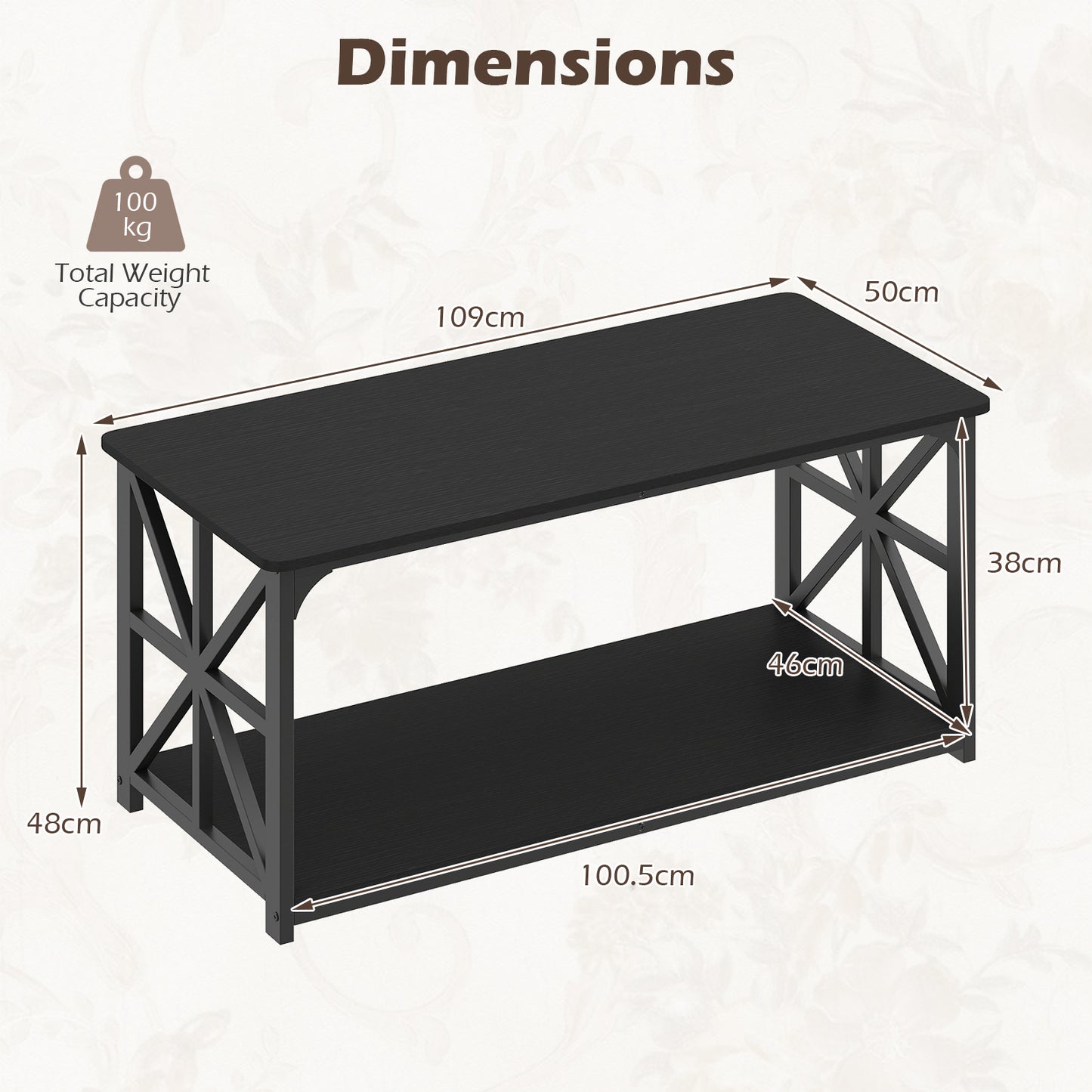 Coffee Table Industrial Farmhouse Accent Table with Open Storage Shelf-Black