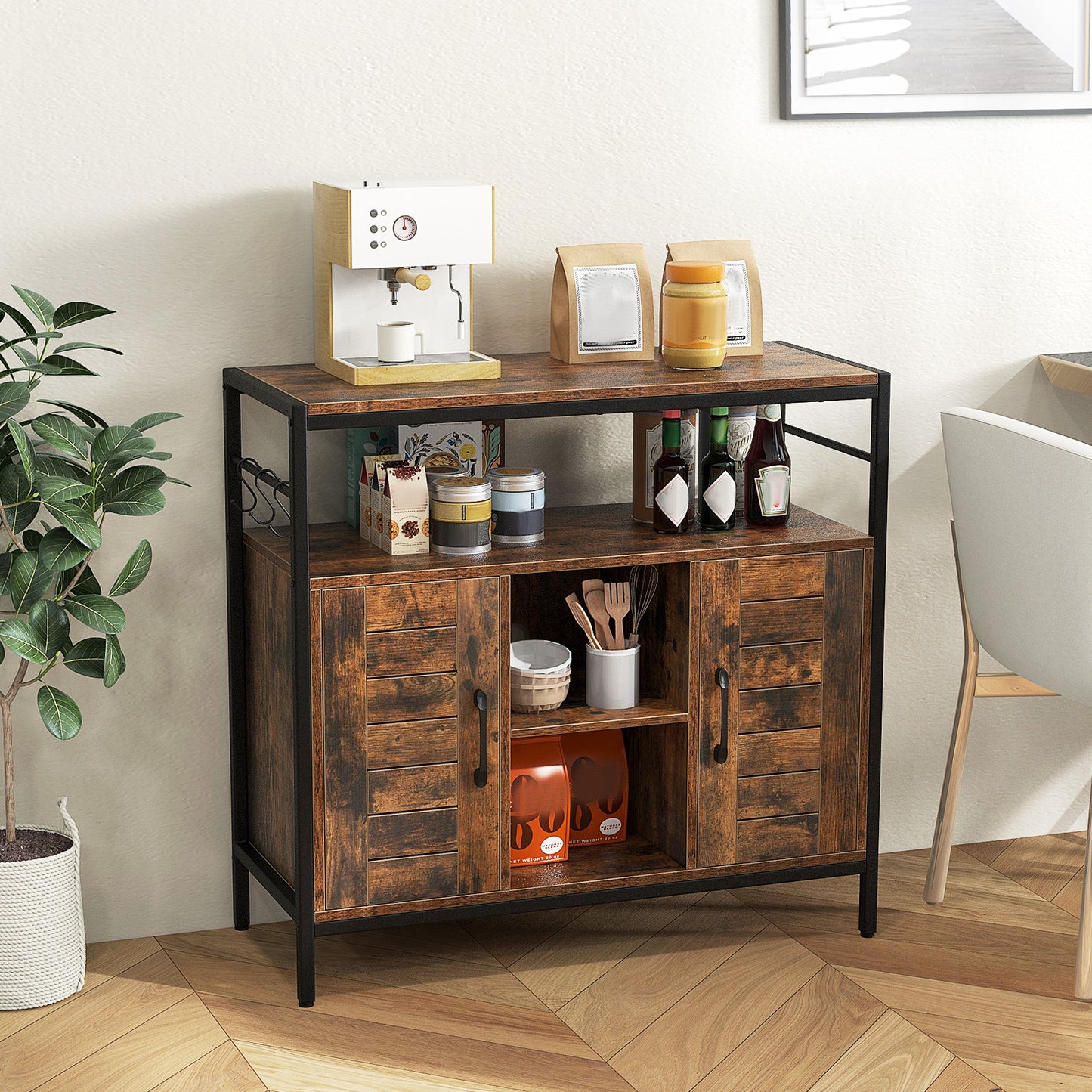 Buffet Coffee Bar Industrial Sideboard Cabinet with 2 Doors Open Compartments for Kitchen-Rustic Brown