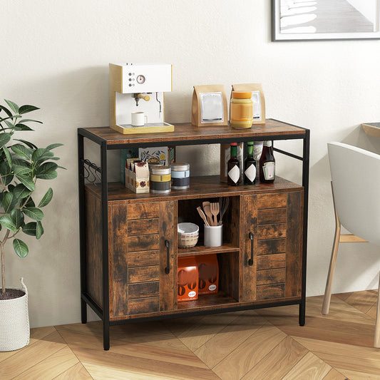 Buffet Coffee Bar Industrial Sideboard Cabinet with 2 Doors Open Compartments for Kitchen-Rustic Brown
