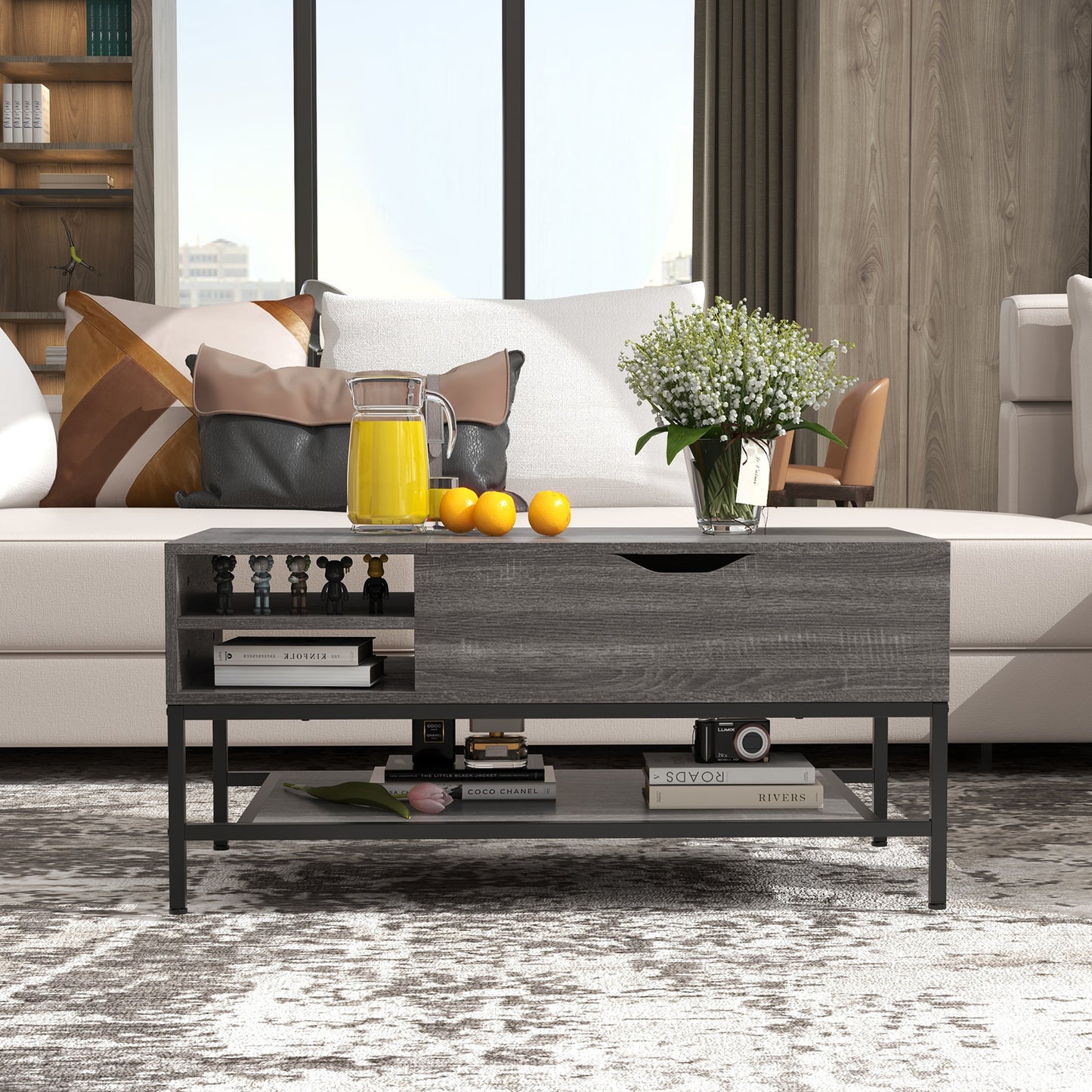 Lift Top Coffee Table with Hidden Compartment and Removable Shelf-Grey