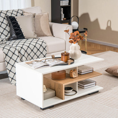 Coffee Table 3-Tier Rectangular Center with L-Shaped Middle Shelf-White