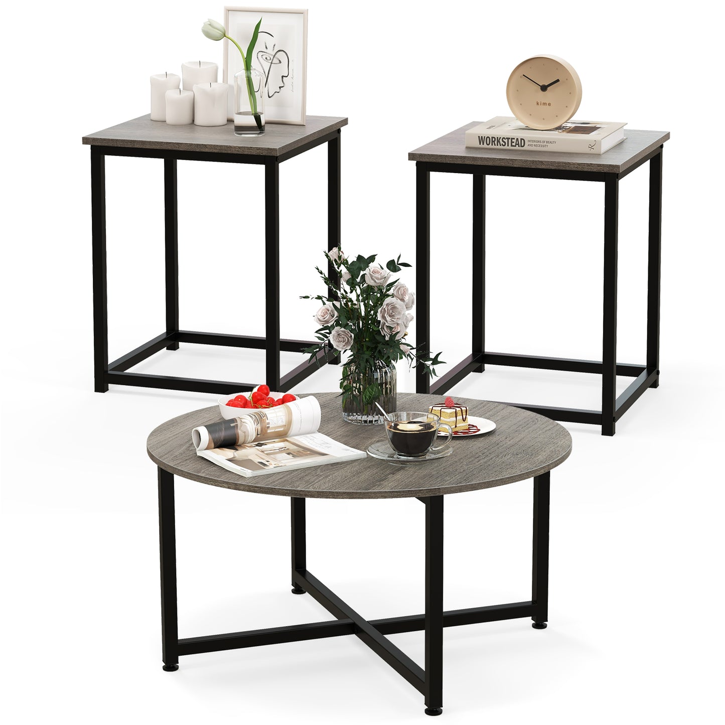3-Piece Coffee Table Set with Heavy-duty Metal Frame-Grey