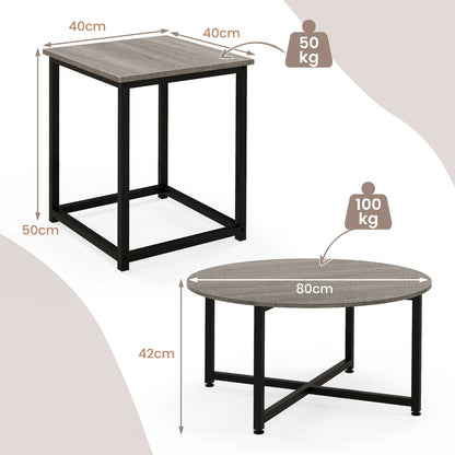 3-Piece Coffee Table Set with Heavy-duty Metal Frame-Grey