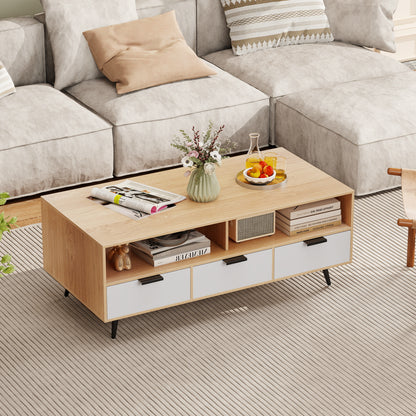 Coffee Table with Storage 47 Inch Center Table with 2 Open Compartments-Natural