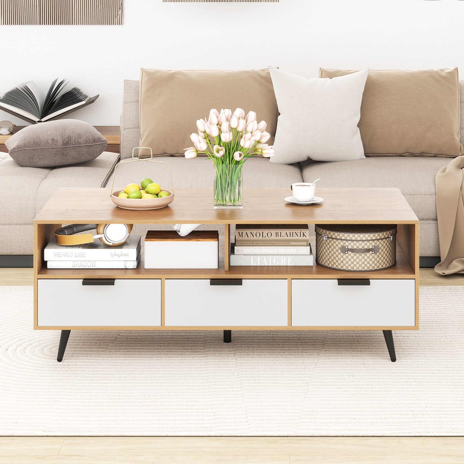 Coffee Table with Storage 47 Inch Center Table with 2 Open Compartments-Natural