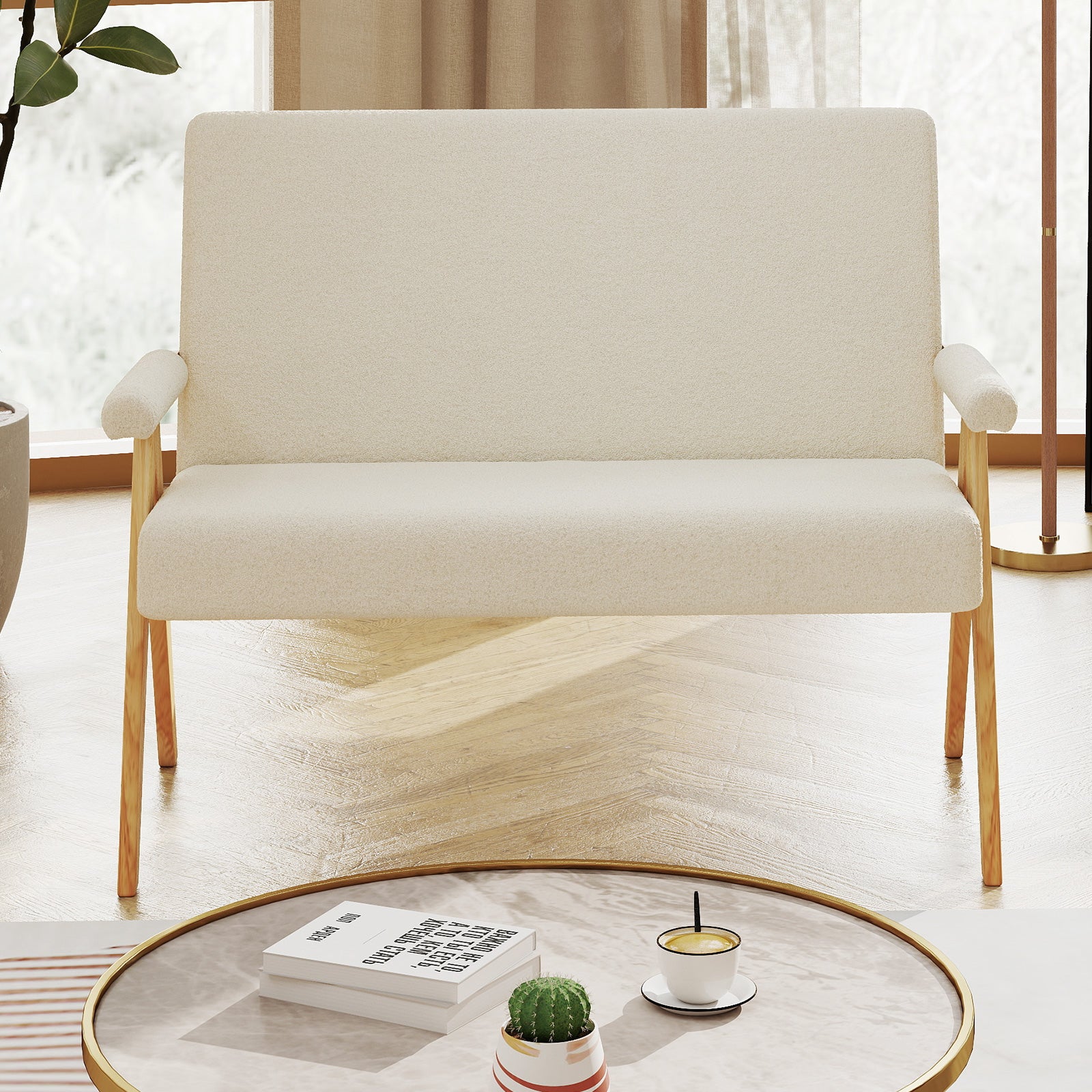 Comfy Upholstered Sherpa Couch with Armrests and Wooden Legs-Beige