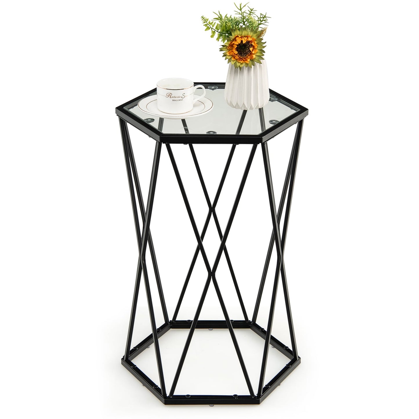 Compact Coffee Table with Tempered Glass Top and Metal Frame