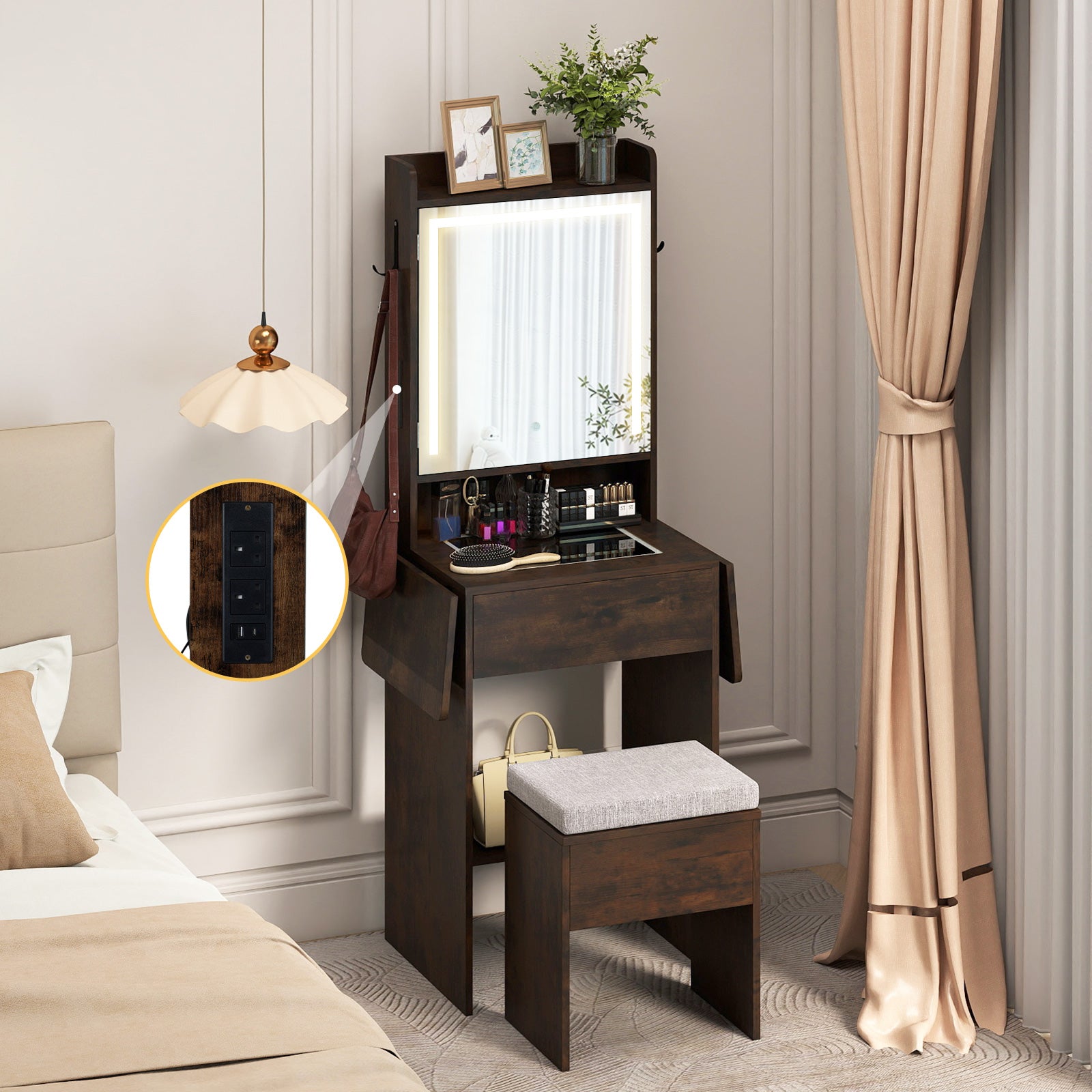 Compact Makeup Dressing Table with Visible Glass Top and Power Outlets-Rustic Brown