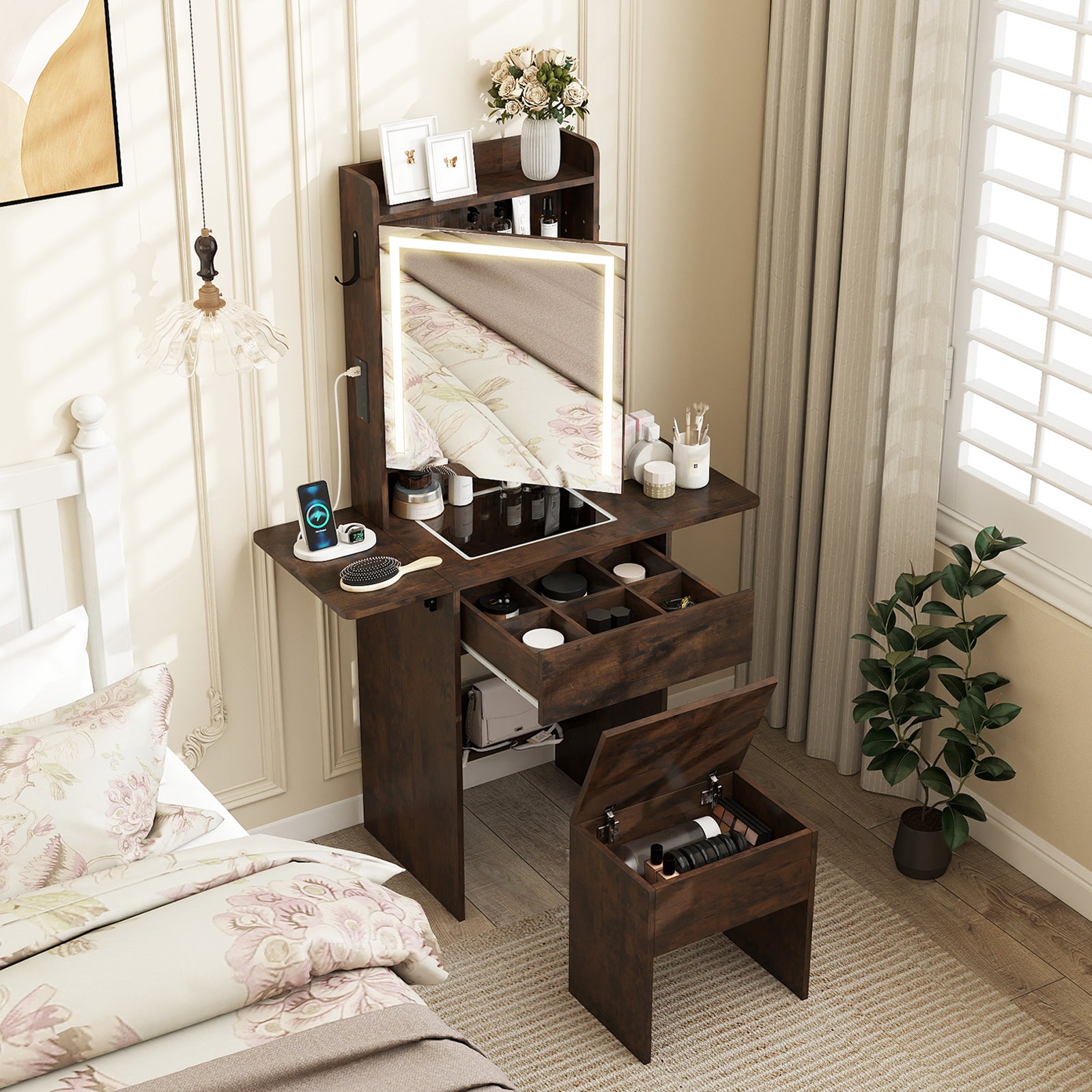 Compact Makeup Dressing Table with Visible Glass Top and Power Outlets-Rustic Brown