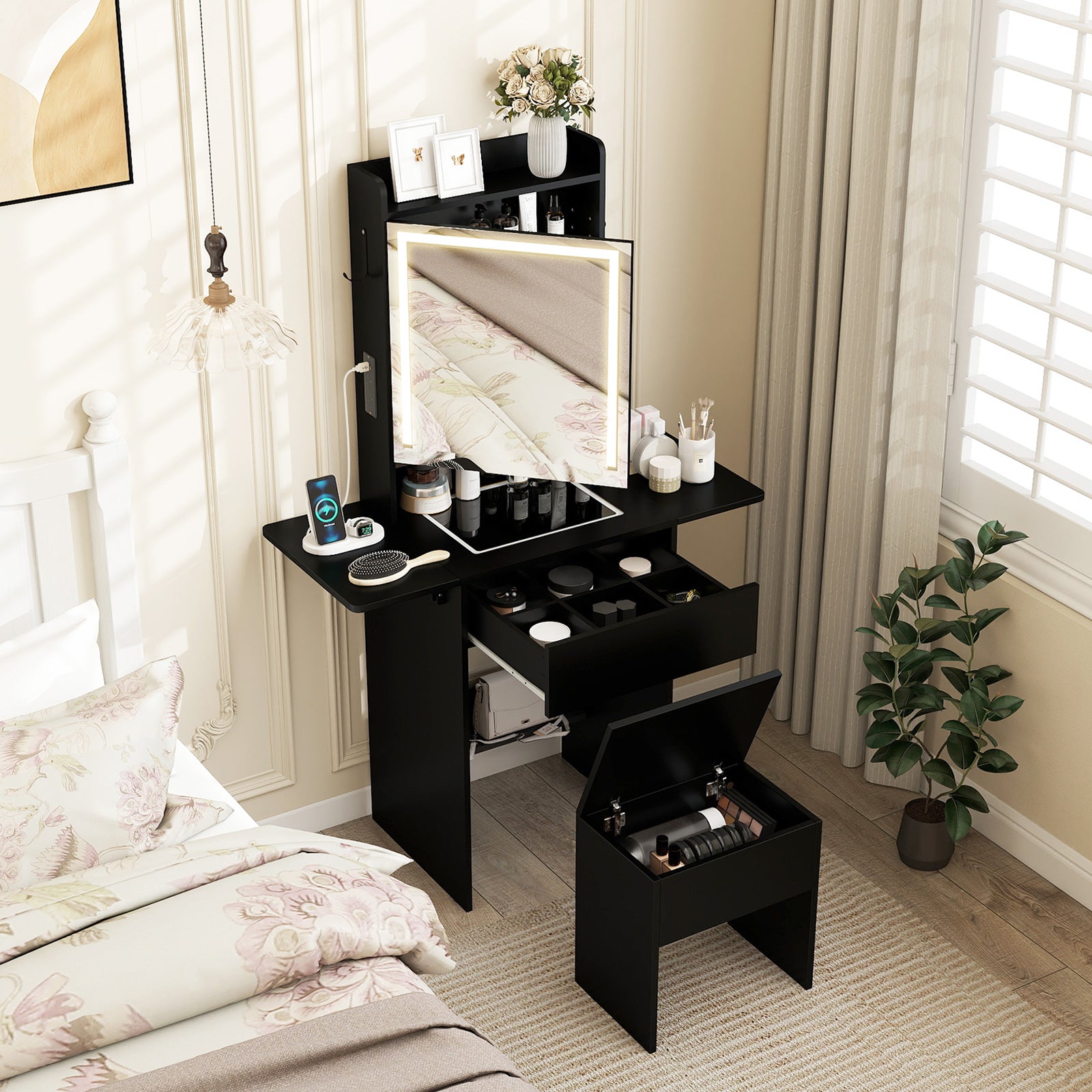 Compact Makeup Dressing Table with Visible Glass Top and Power Outlets-Black