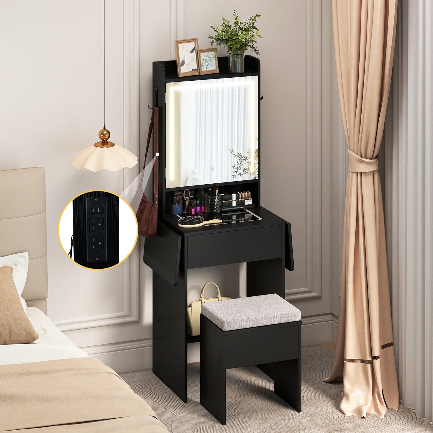 Compact Makeup Dressing Table with Visible Glass Top and Power Outlets-Black