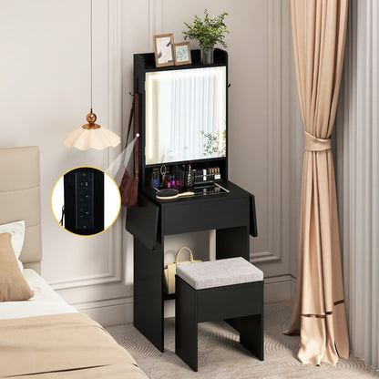 Compact Makeup Dressing Table with Visible Glass Top and Power Outlets-Black