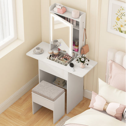 Compact Makeup Dressing Table with Visible Glass Top and Power Outlets-White