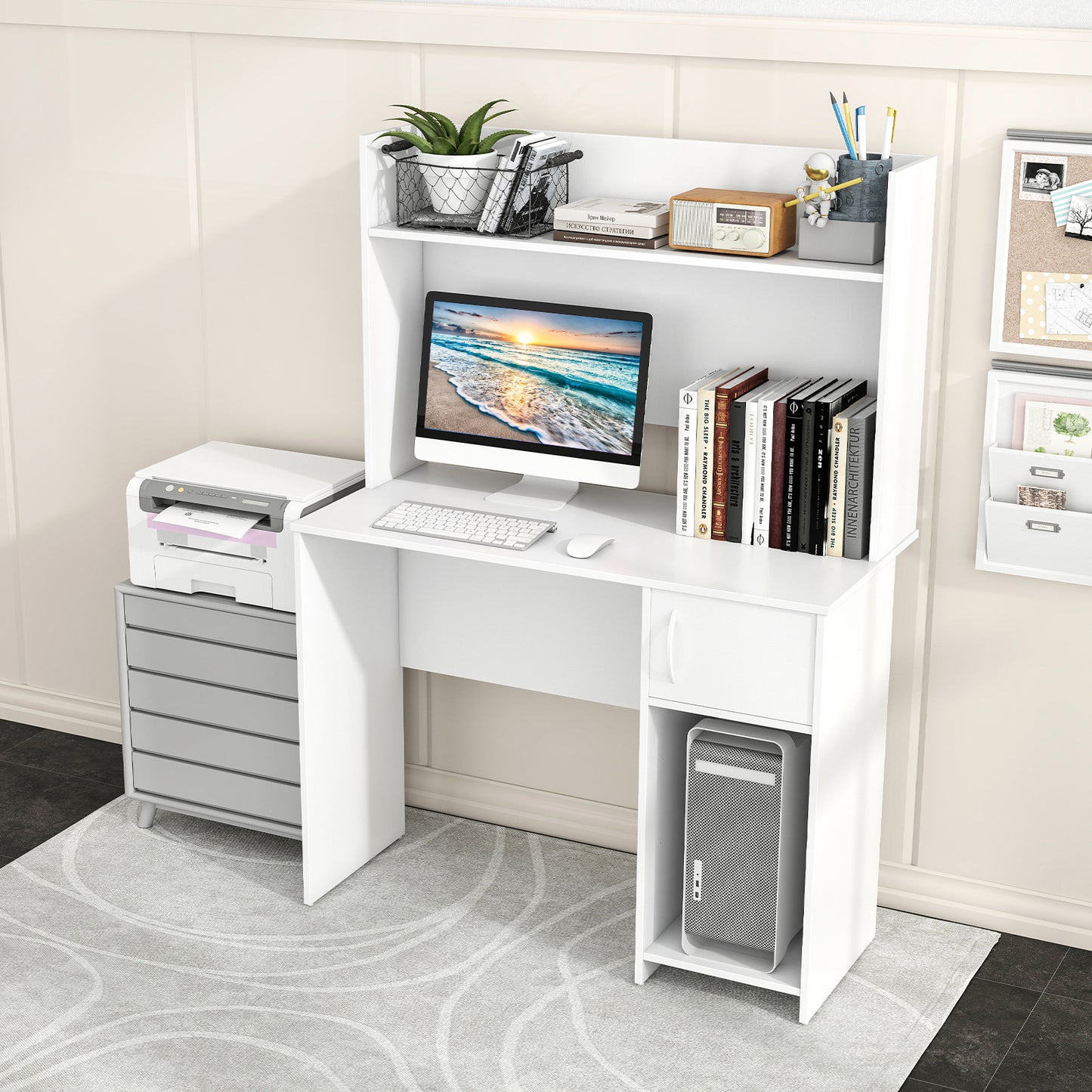Computer Desk with Hutch and 2 Open Shelves for Home Office-White