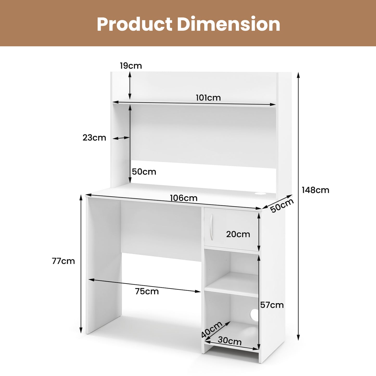 Computer Desk with Hutch and 2 Open Shelves for Home Office-White