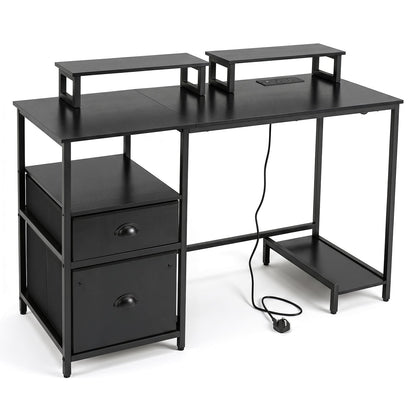 Computer Desk with Power Outlets with 2 Monitor Shelves and CPU Stand-Black