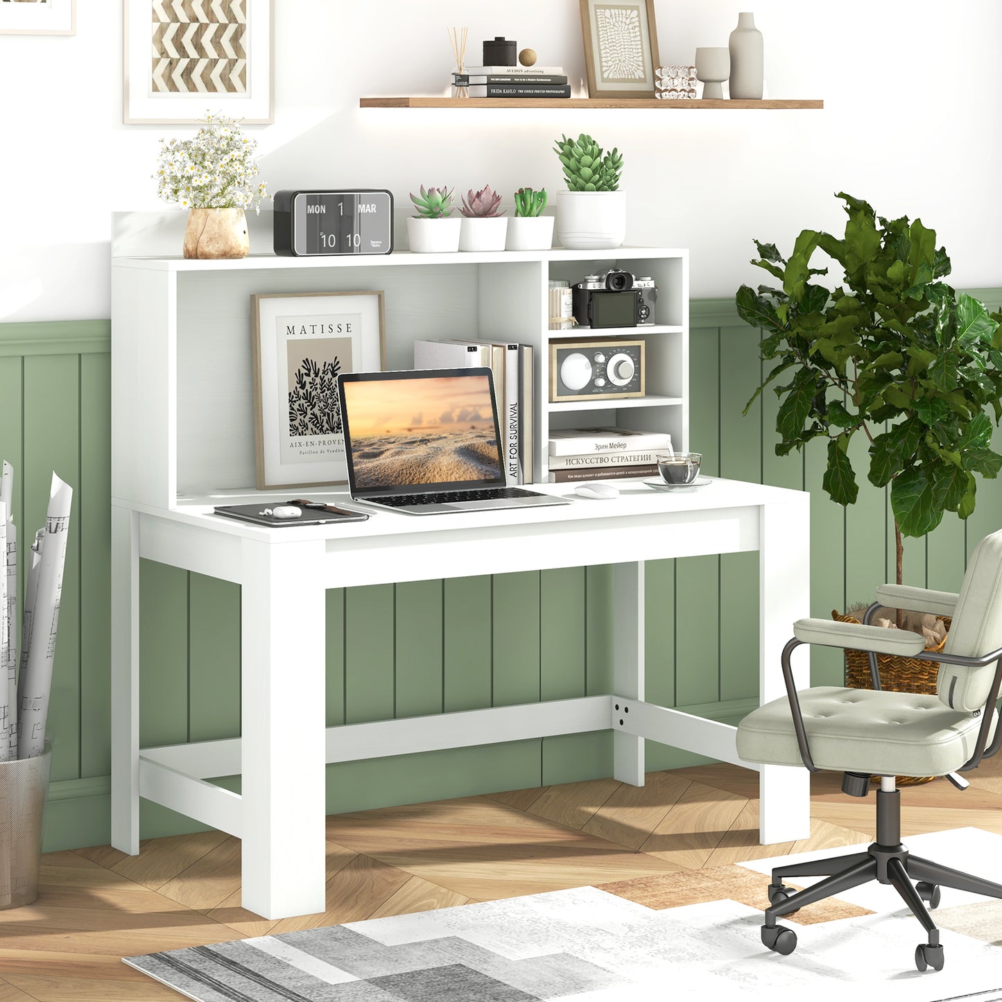 Computer Desk with 3 Storage Shelves and Cable Hole for Study-White