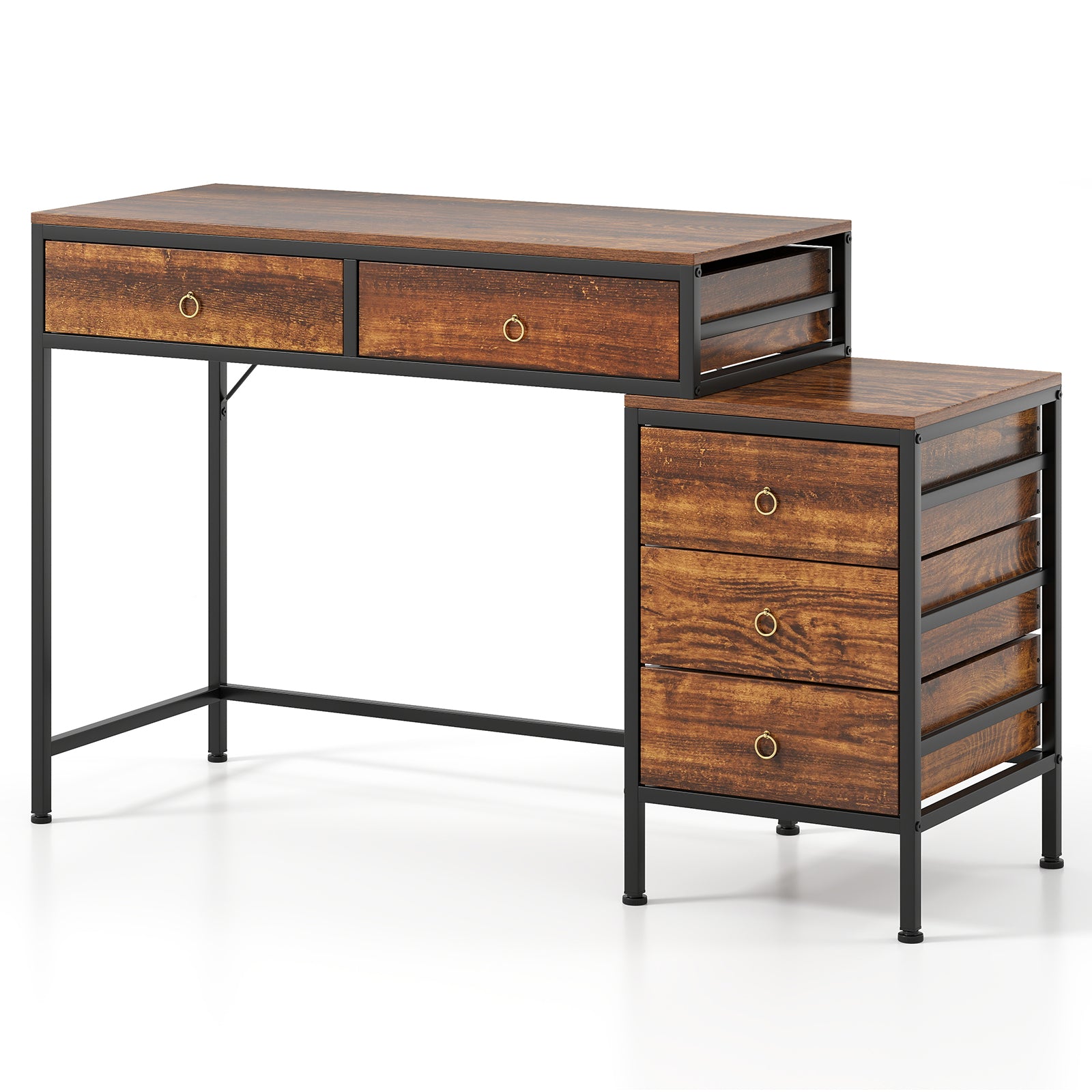 Computer Desk with 5 Drawers and Side File Cabinet-Rustic Brown