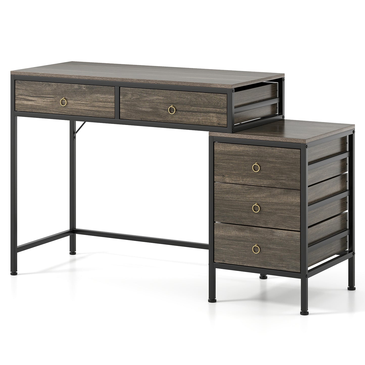 Computer Desk with 5 Drawers and Side File Cabinet-Grey