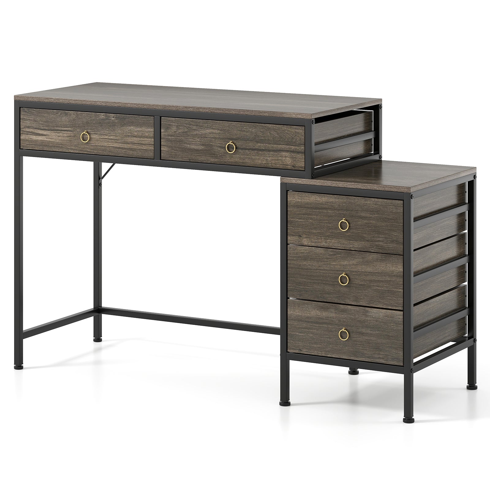 Computer Desk with 5 Drawers and Side File Cabinet-Grey