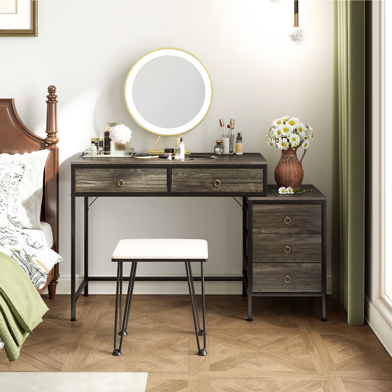 Computer Desk with 5 Drawers and Side File Cabinet-Grey