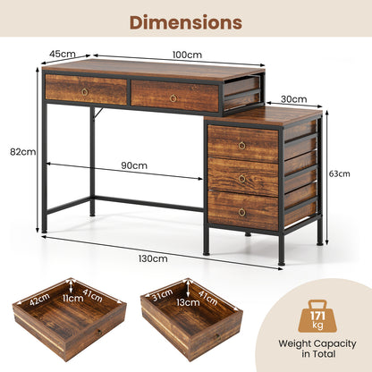 Computer Desk with 5 Drawers and Side File Cabinet-Rustic Brown
