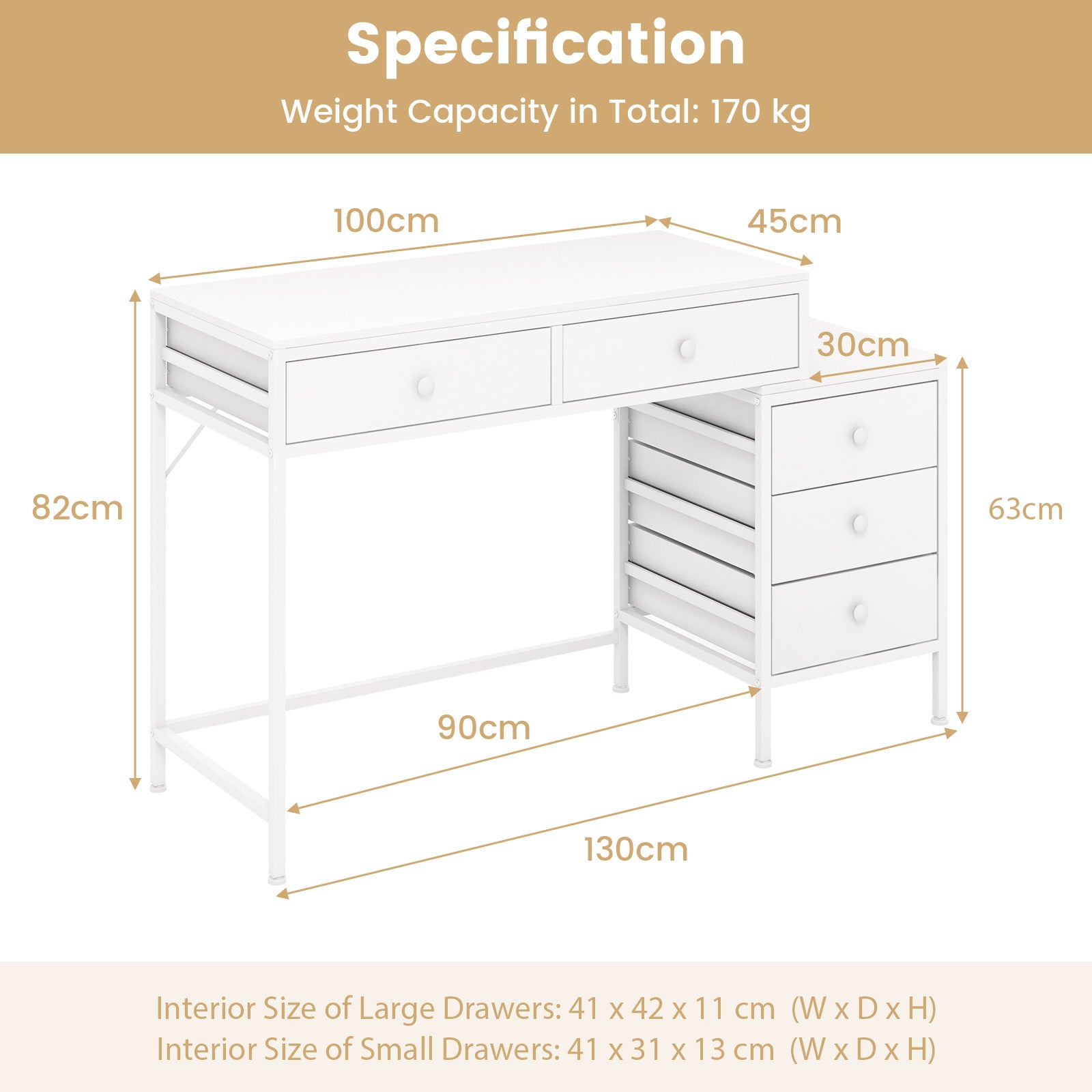 Computer Desk with 5 Drawers and Side File Cabinet-White