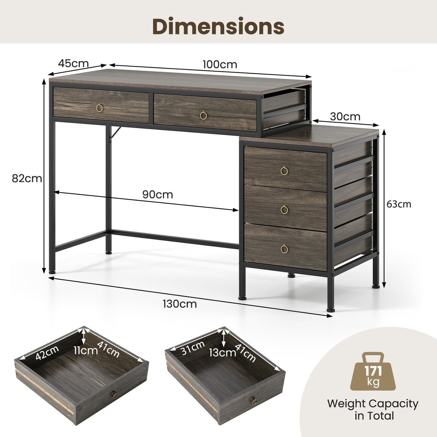 Computer Desk with 5 Drawers and Side File Cabinet-Grey