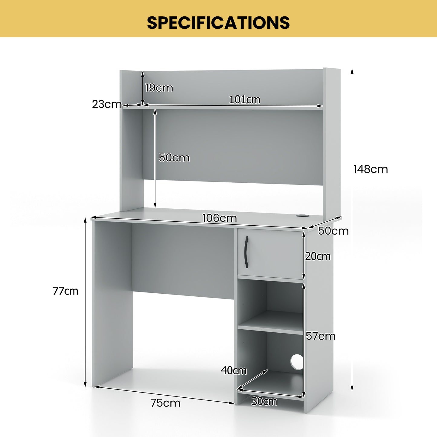 Computer Desk with Hutch and 2 Open Shelves-Grey