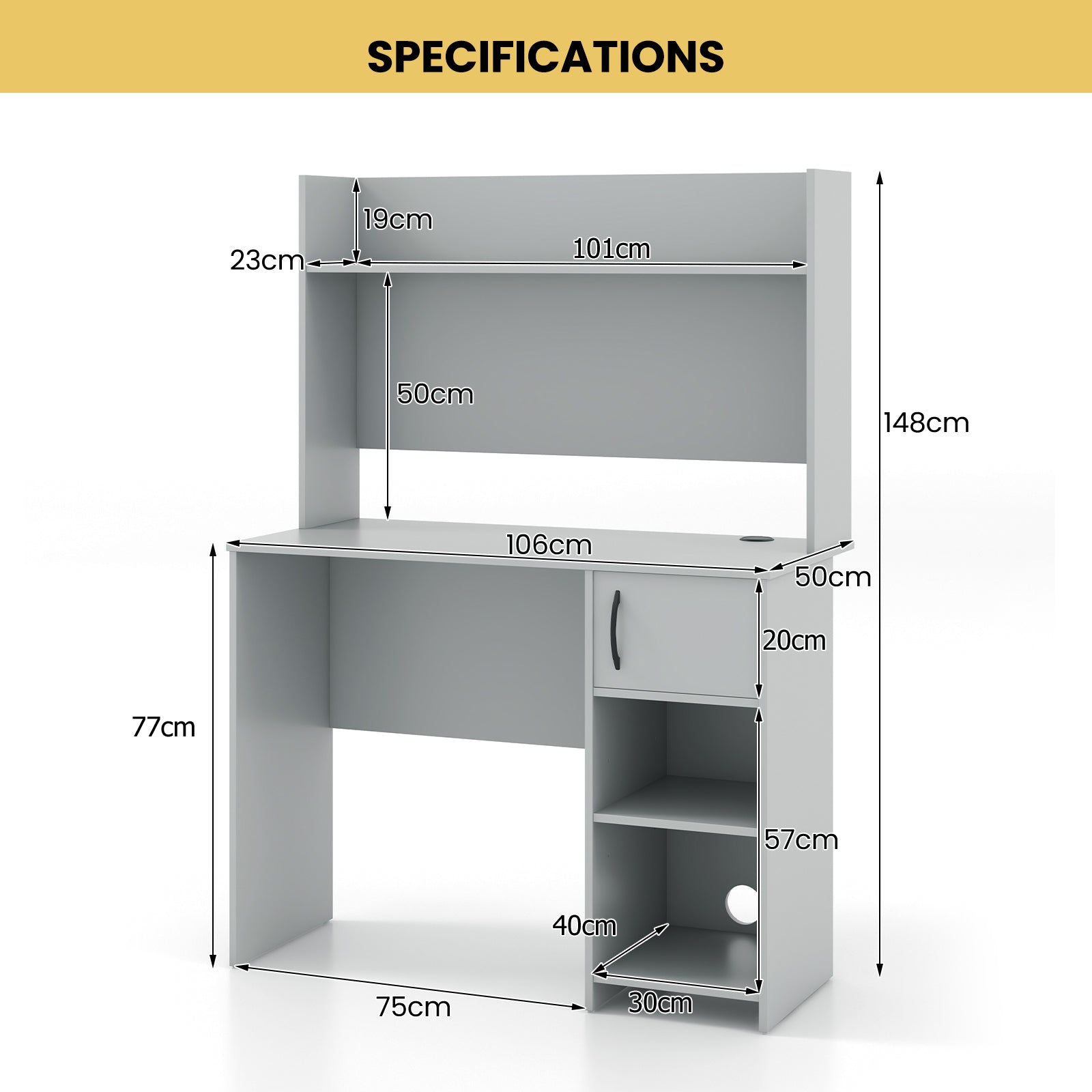 Computer Desk with Hutch and 2 Open Shelves-Grey