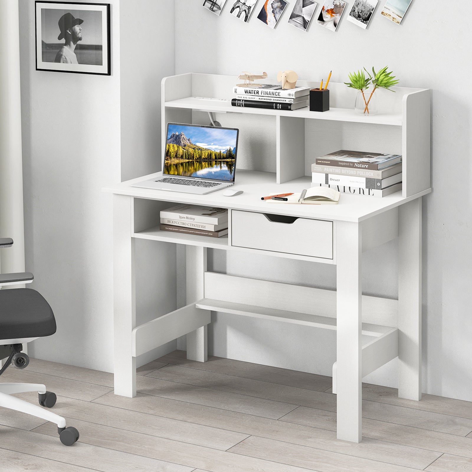 Computer Desk with Power Outlets and USB Port and Type-C-White