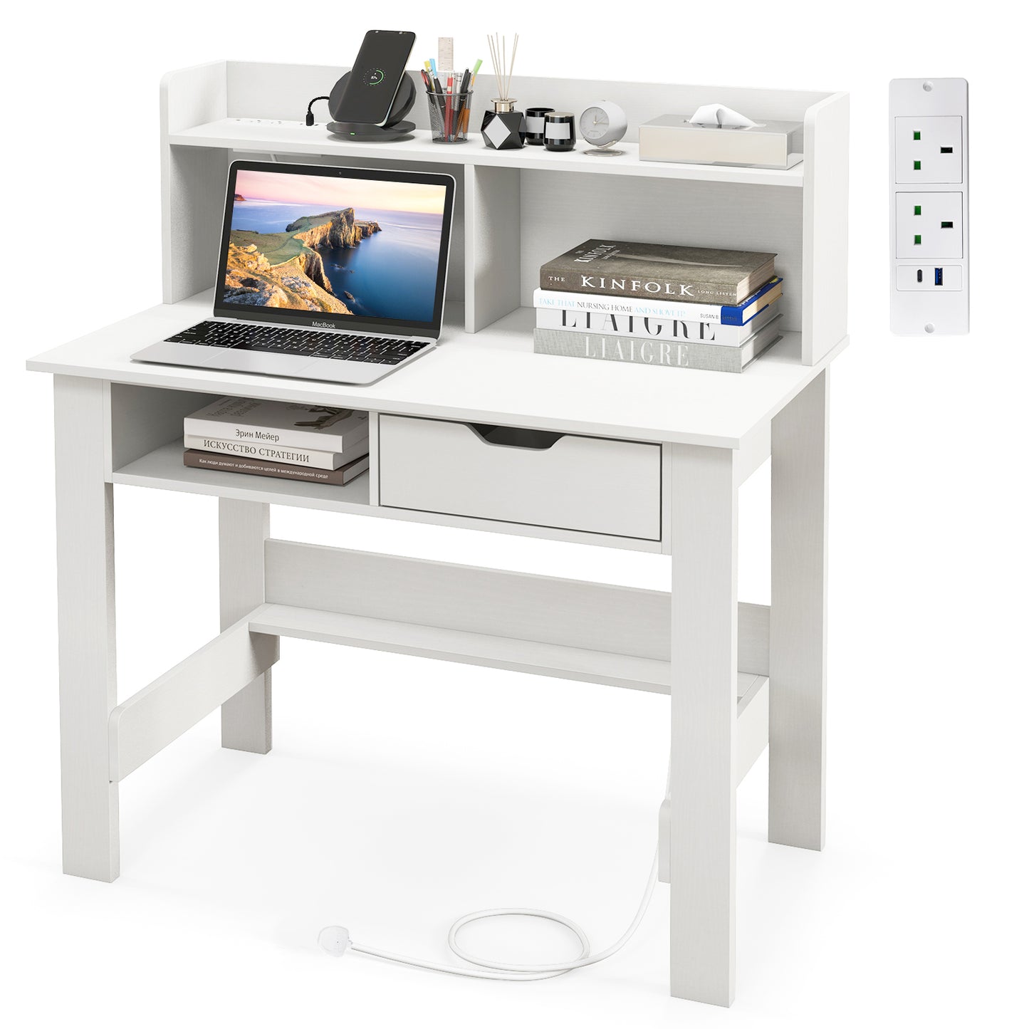 Computer Desk with Power Outlets and USB Port and Type-C-White