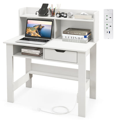 Computer Desk with Power Outlets and USB Port and Type-C-White
