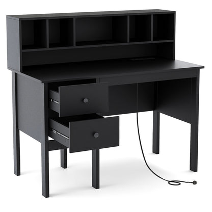 Computer Desk with Power Outlets and Hutch-Black