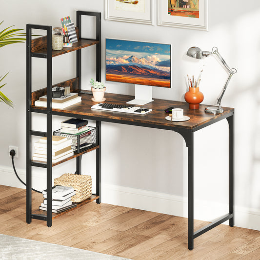 Computer Desk with Power Strip 120 CM Study Writing Desk with Bookshelf-Rustic Brown