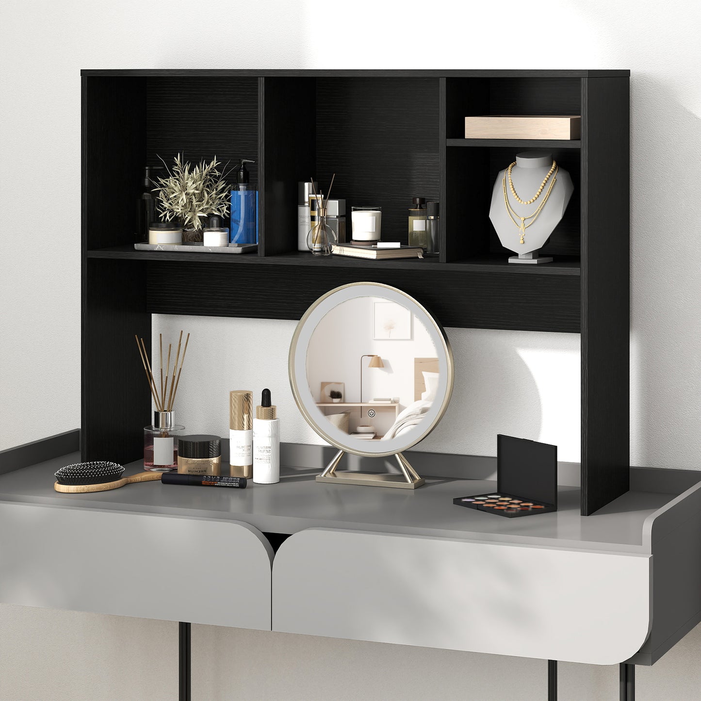 Computer Desktop Bookcase with 4 Cubbies and Open Back Compartment-Black
