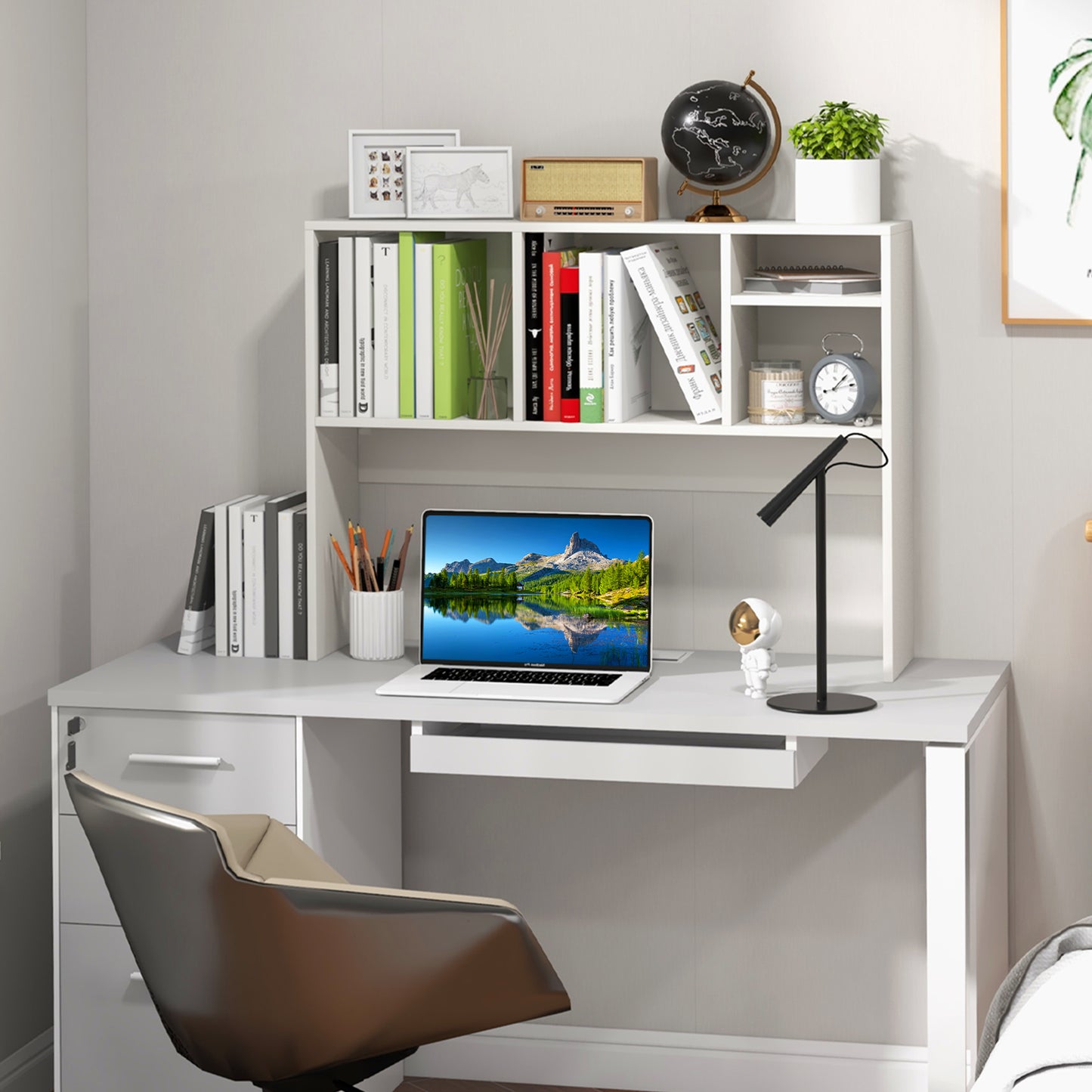 Computer Desktop Bookcase with 4 Cubbies and Open Back Compartment-White