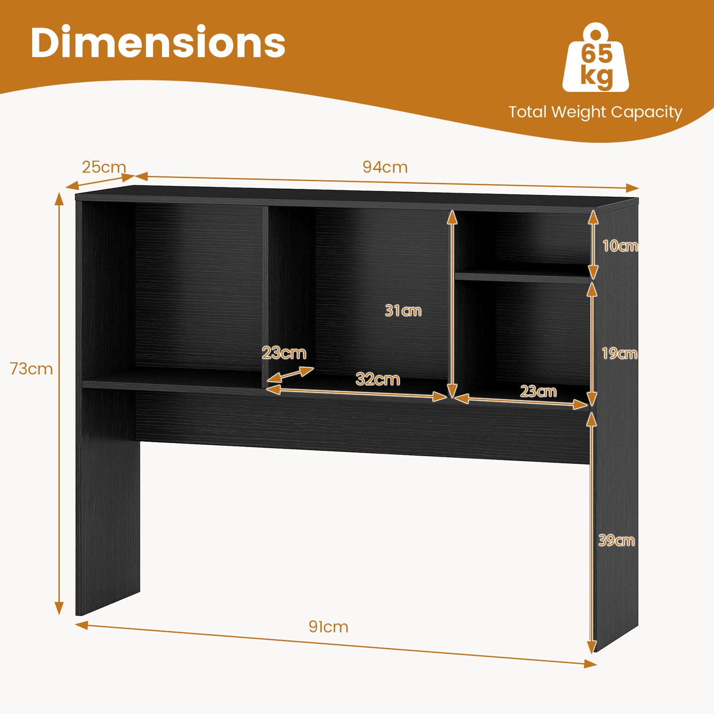 Computer Desktop Bookcase with 4 Cubbies and Open Back Compartment-Black