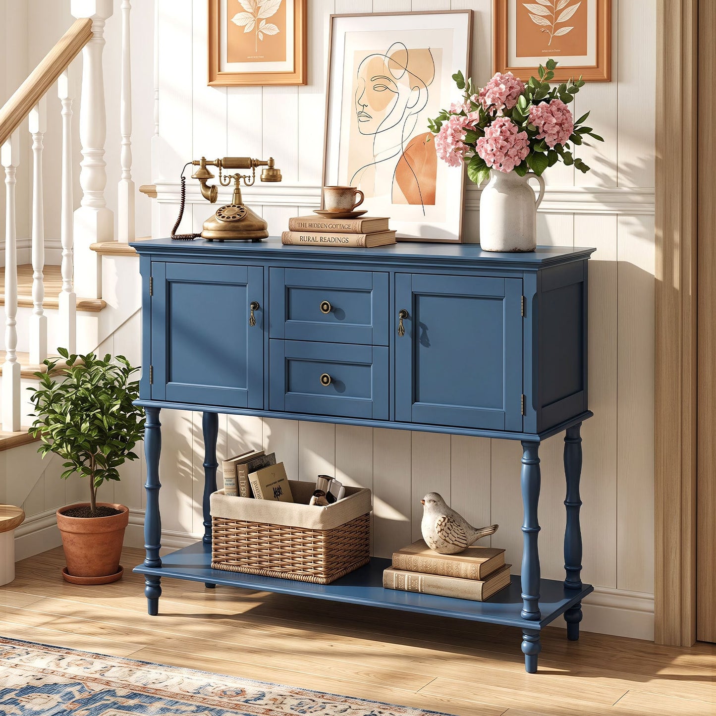 Console Table with 2 Drawers and 2 Door Cabinets for Entryway-Blue
