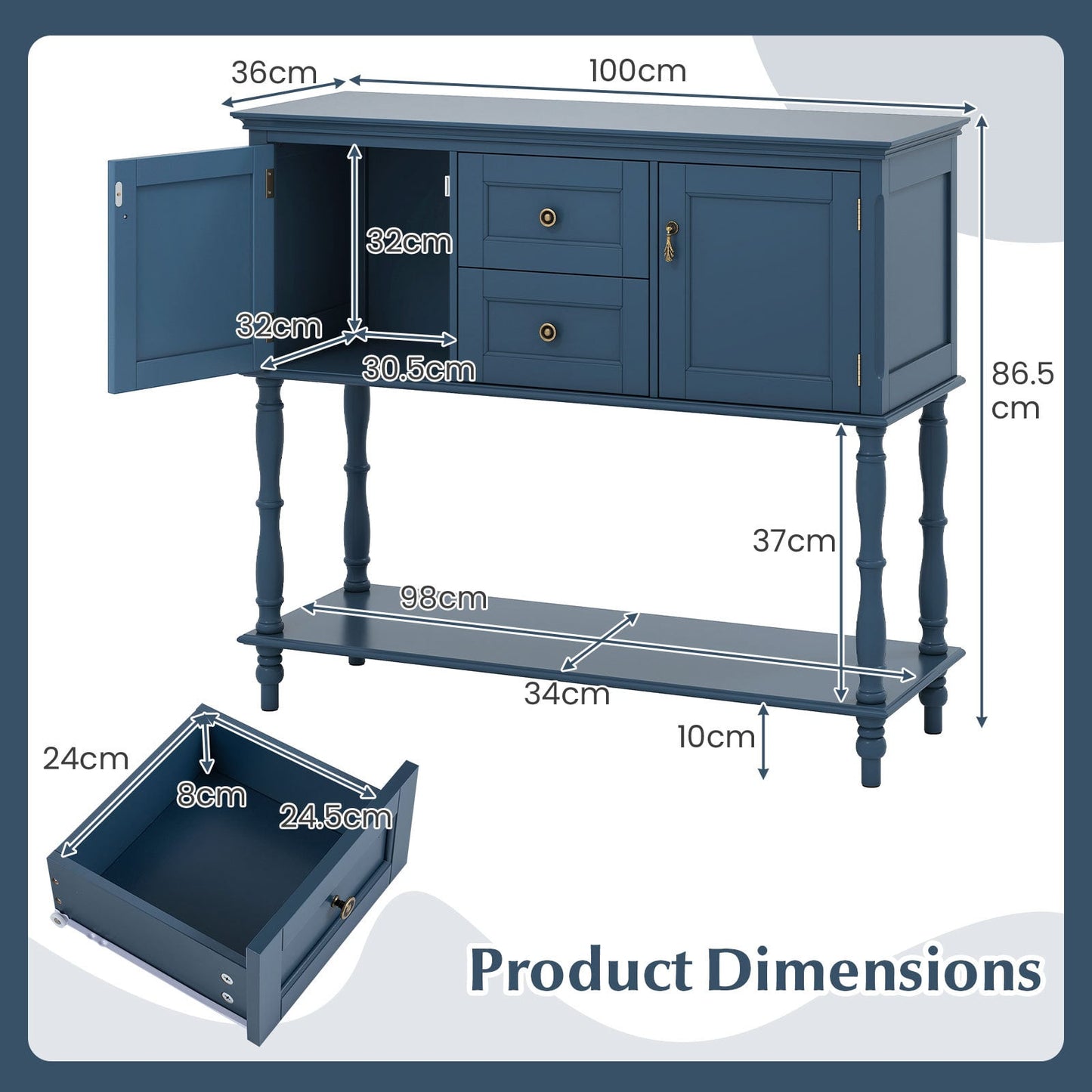 Console Table with 2 Drawers and 2 Door Cabinets for Entryway-Blue
