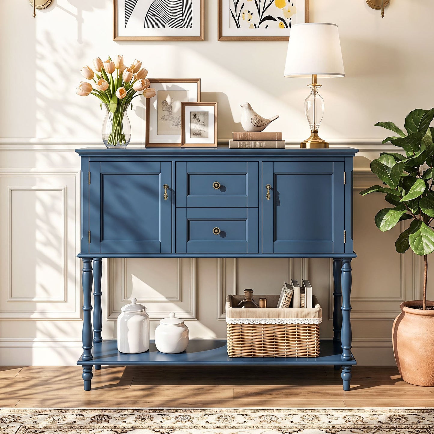 Console Table with 2 Drawers and 2 Door Cabinets for Entryway-Blue